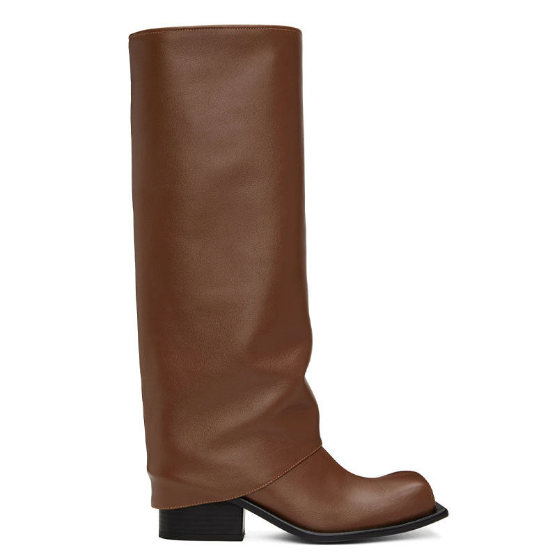 Brown knee-high boot on a white background