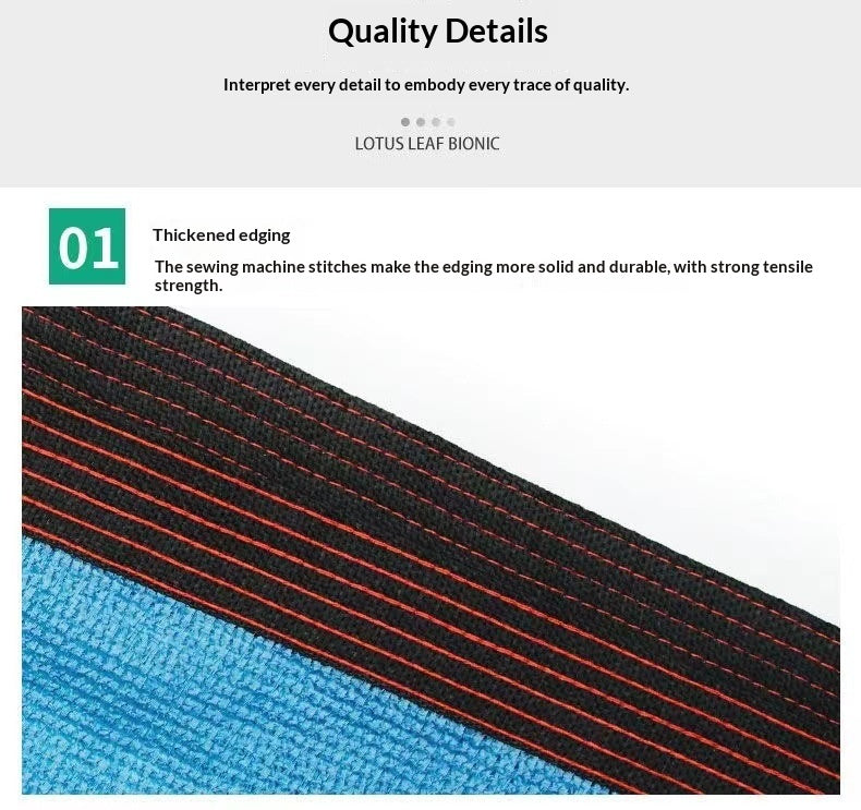 Close-up detail of a black bionic mesh band with red stitched edges and a blue backing, under the heading 'Quality Details' and labeled 'LOTUS LEAF BIONIC' with '01 Thickened edging' text.