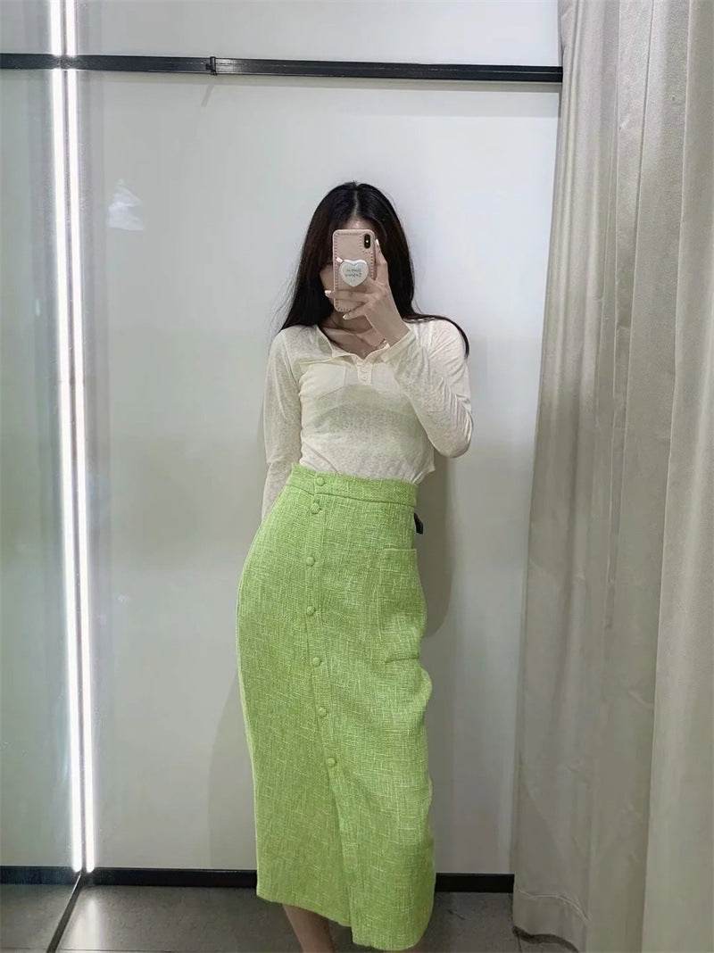 Women's Green Textured Slit High Waist Slit Midi Skirt green - EX-STOCK Canada