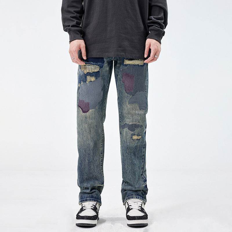 American Style Loose Broken Patch Straight Retro Denim Jeans pant Trousers Men - EX-STOCK Canada