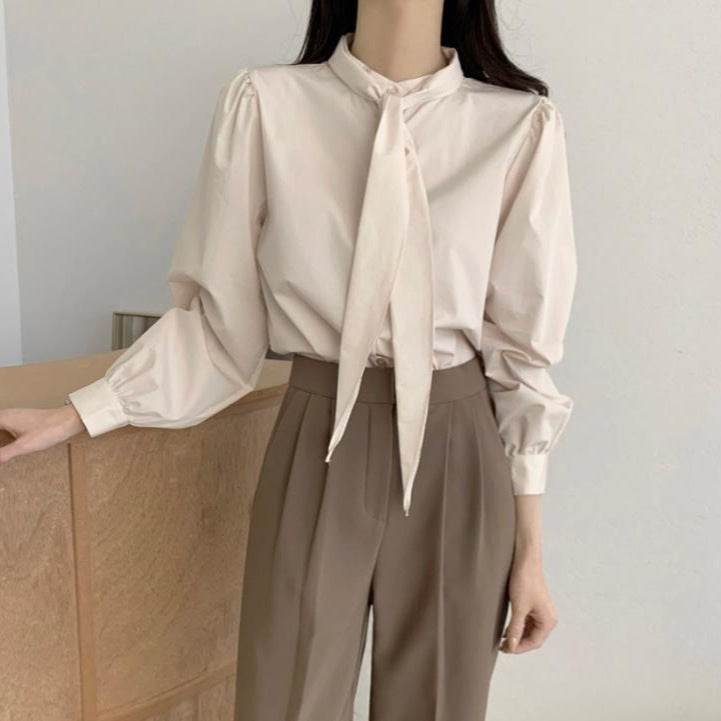 Spring New Gentle Lace-up Bow Tie Design Puff Sleeve Solid Color Shirt For Women - EX-STOCK Canada