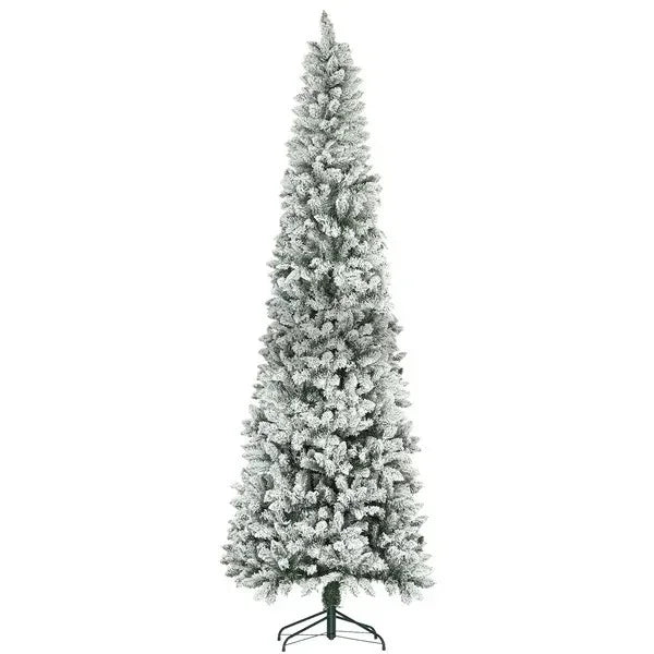 9ft Pencil Christmas Tree, Flocked Tree With 1277 Branch Tips And Metal Base For Home, Indoor, Holiday EX-STOCK Canada