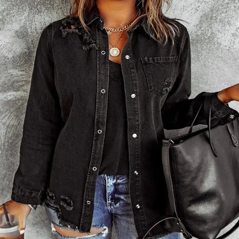 Black Ripped Shirt Denim Long Sleeve Coat Jacket Women - EX-STOCK CANADA