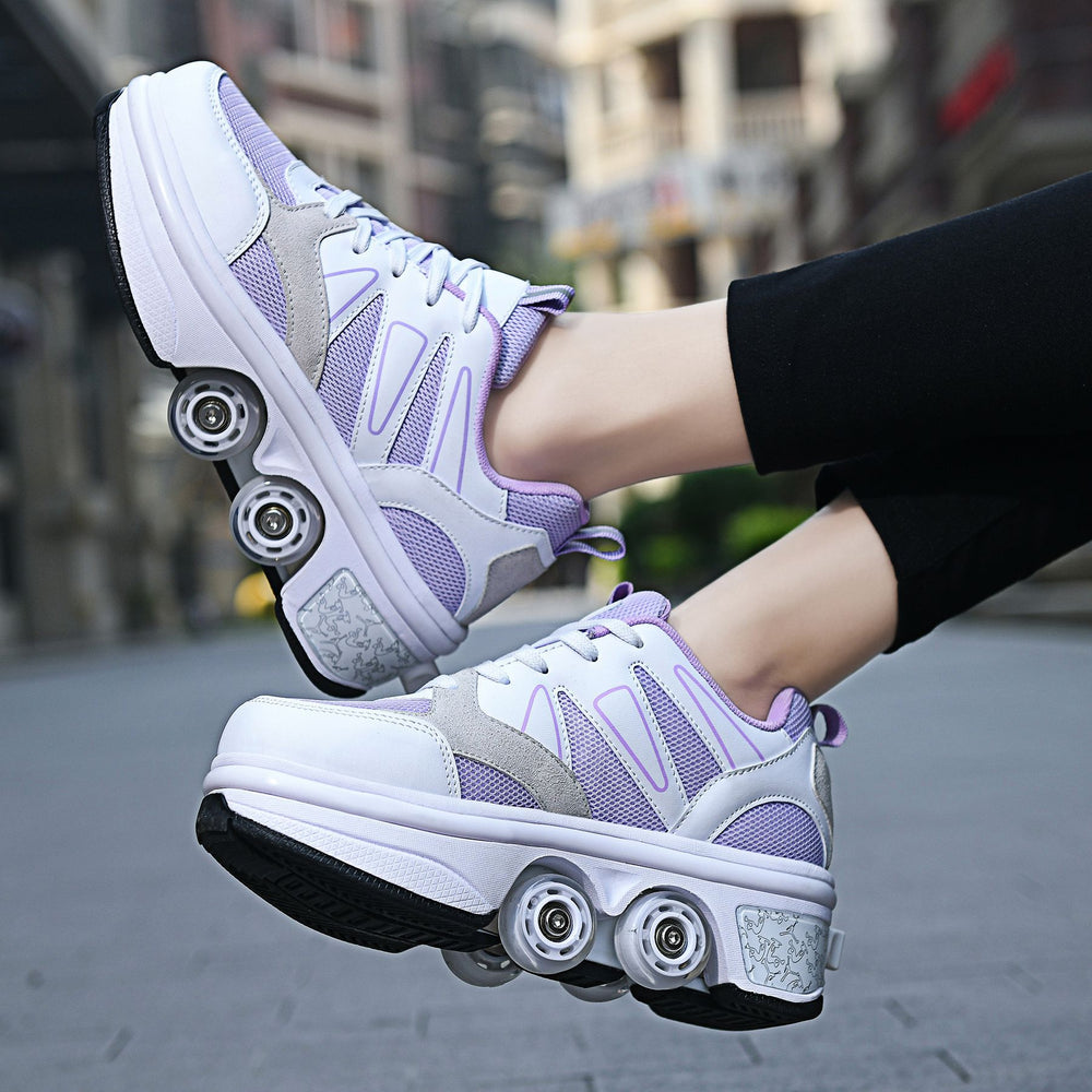 Purple and white sneakers with roller wheels on a blurred city street background