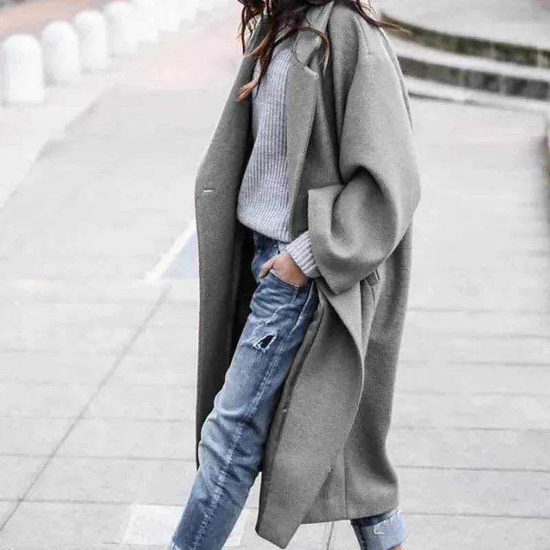 Lapel Single Breasted Women Winter Solid Woolen Trench Coat Long Jacket - EX-STOCK Canada