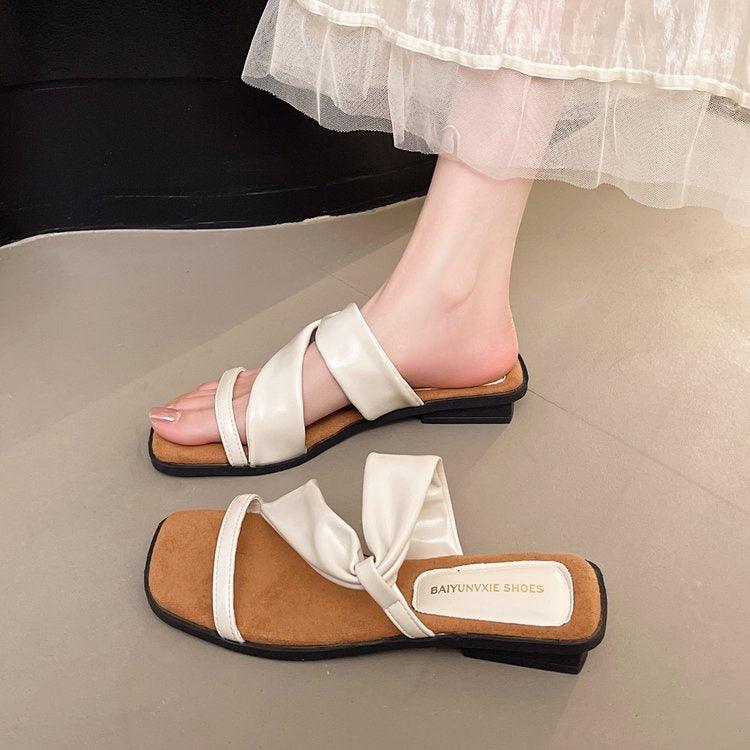 2025 Summer New French Style Low Heel Slippers For Women, Fairy Style Outdoor Fashion Slides, Elegant Match-Dress Sandals In Black, Silver, Beige