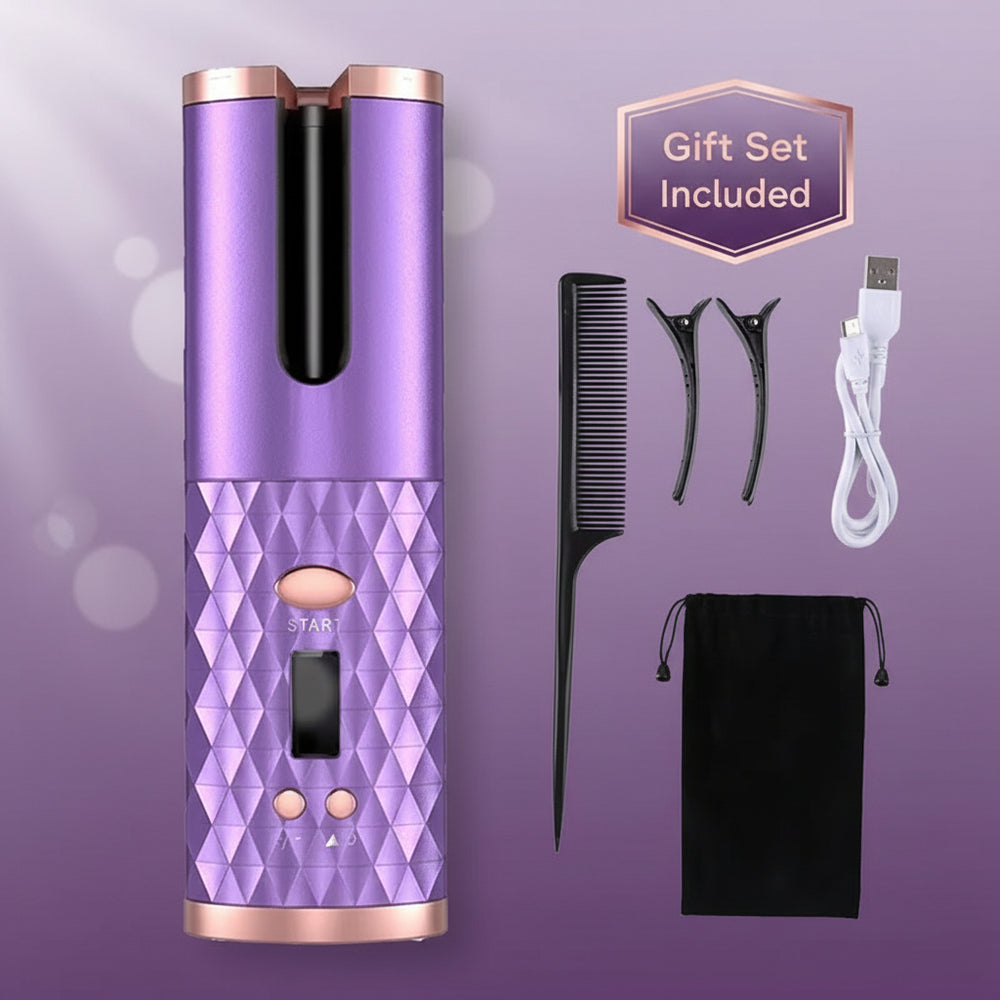 Purple hair styling device with accessories on a white background Cordless Automatic Hair Curler with LCD Display – USB Rechargeable, Ceramic Barrel