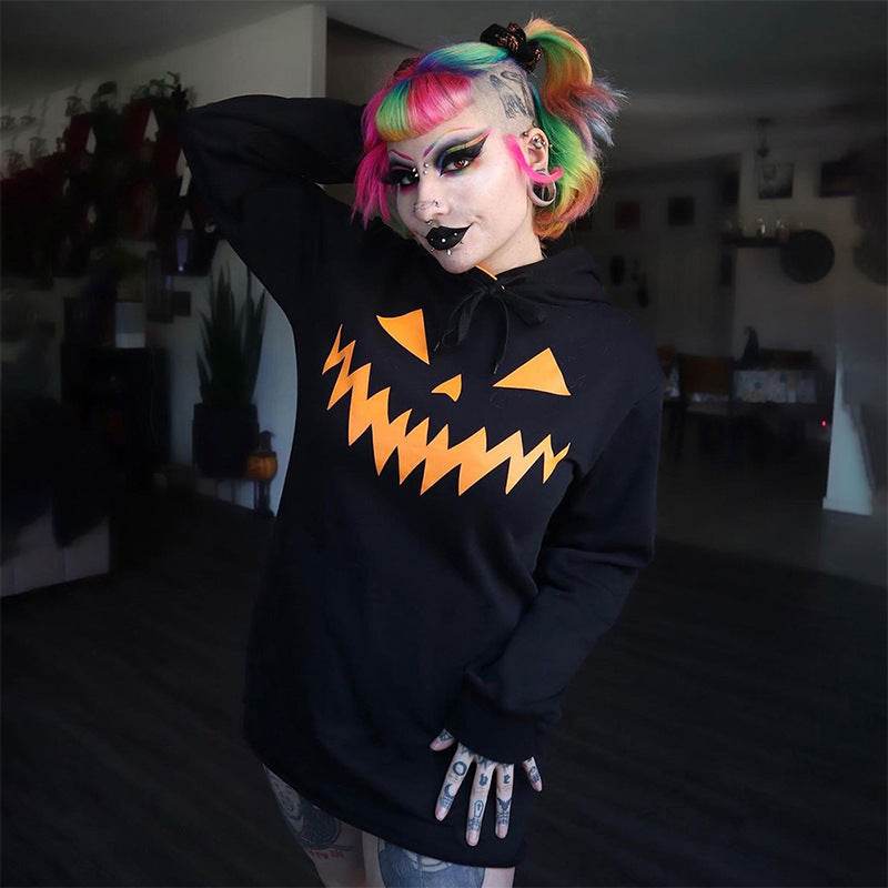 Halloween Costume Pumpkin Print Long Sleeve Hoodie Dress - EX-STOCK Canada