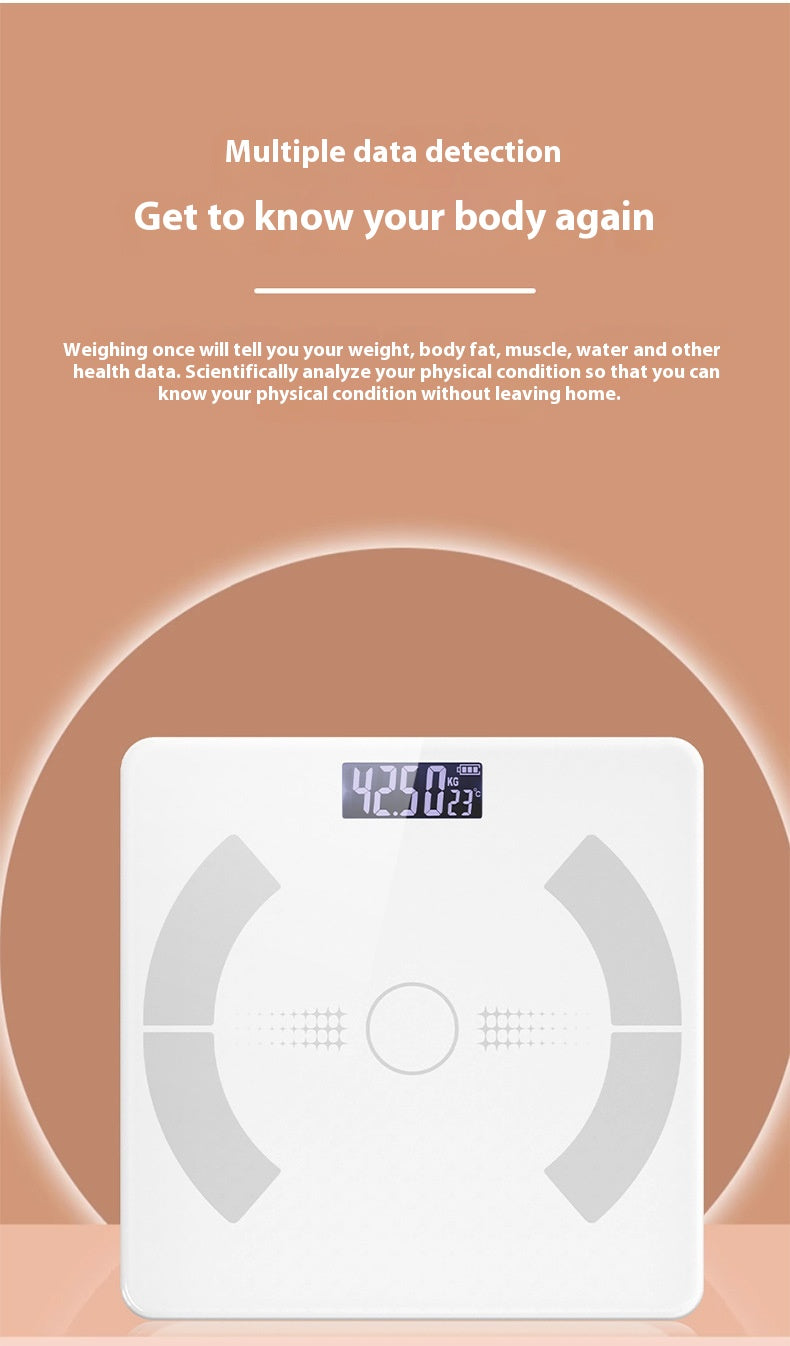 A white digital body weight scale with a black LCD display, centered on a peach-colored background with promotional text above it.