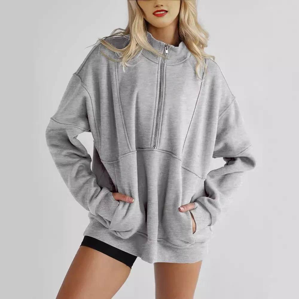 Women's Half Zipper Pocket Fashion Casual Exercise Oversized Sweatshirt Pullover - EX-STOCK Canada
