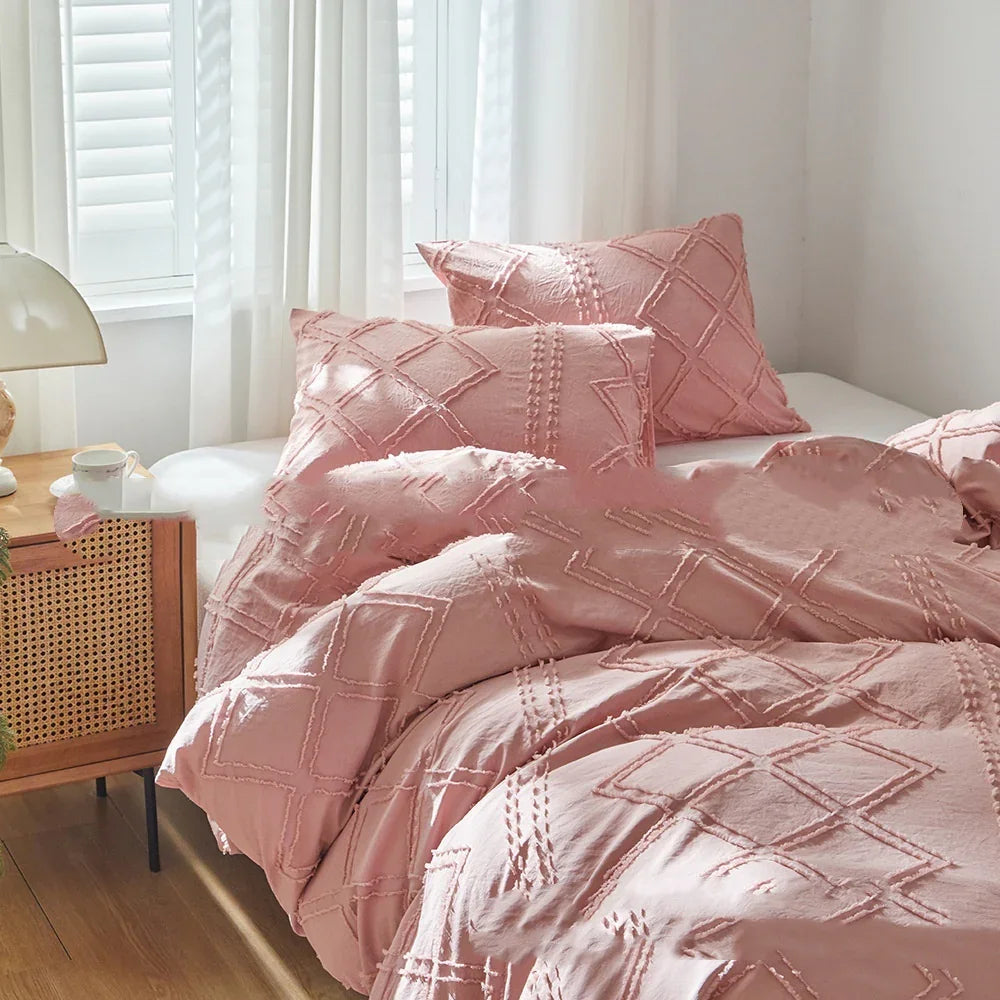 Bettbezug und Kissenbezug mit geometrischem Schnittblumen-Design in einfacher, reiner FarbeEX-STOCK Canada