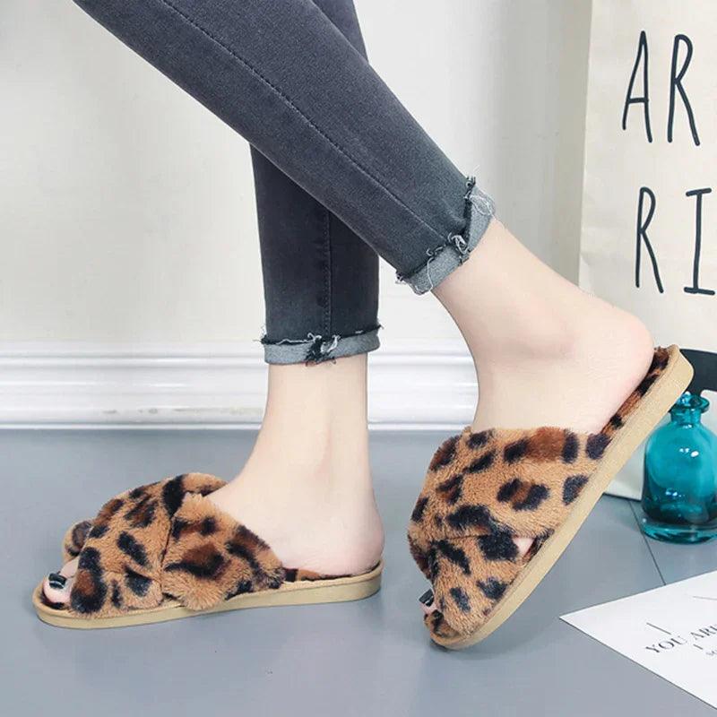 Cross-strap Fuzzy Slippers Leopard Plush House Shoes Flat Bedroom Slippers Slippers For Women EX-STOCK Canada