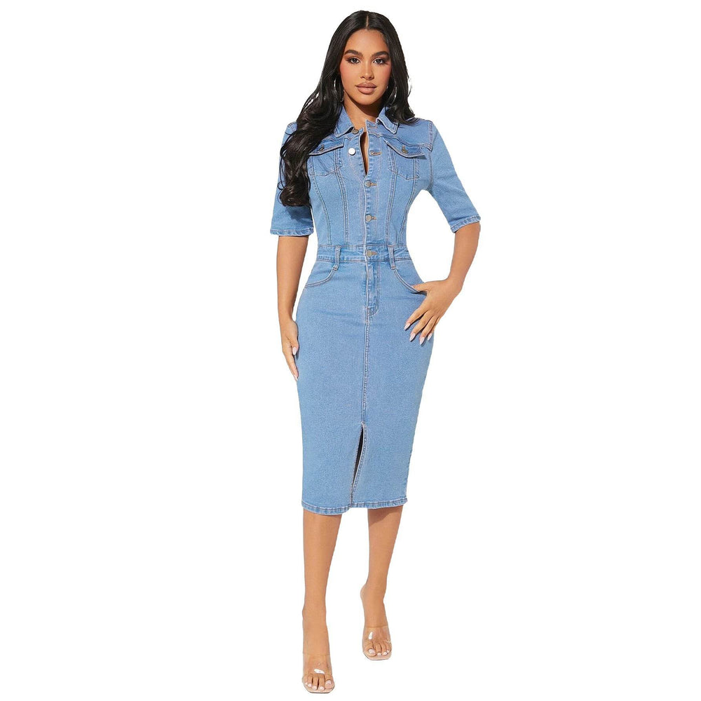 Women's Fashion Personality fitted Denim Hip-wrapped Jeans Midi straight cut front split Dress - EX-STOCK Canada
