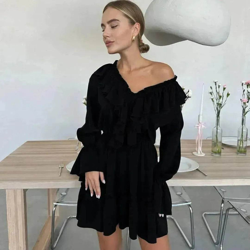 Casual Fashion V Neck Pleated Ruffle Long Sleeve Dress Y2K V Neck Flared Sleeve Short Mini Skater Dress Women's Clothing - EX-STOCK Canada