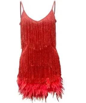 Elegant Chic Spaghetti Strap Luxury Tassel Sequins Feather Women’s Mini Dress for Evening Party, Cocktail Wedding Guest. - EX-STOCK Canada