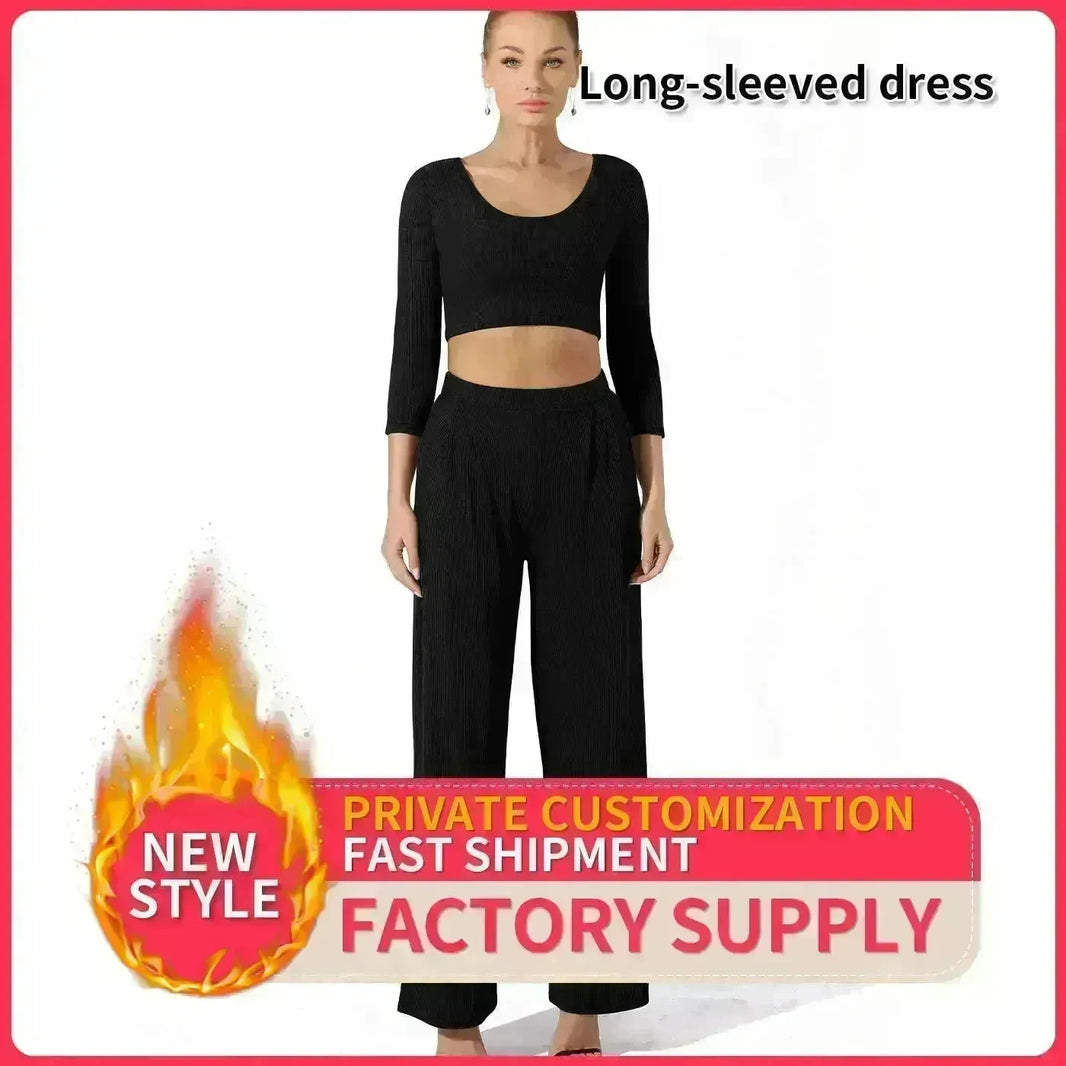 Women Fashion Casual Matching 2pcs set Long Sleeve Crop top and Pant set - EX-STOCK CANADA