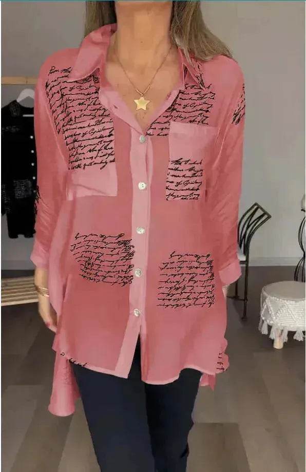 Letter Print Long Sleeve Shirt Fashion Commuter Style Lapel Shirt Women's Clothing - EX-STOCK Canada