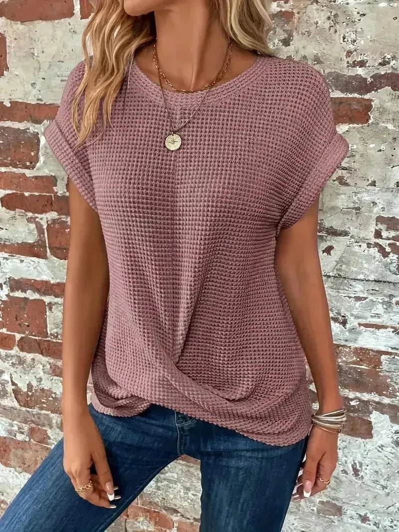 Casual Summer Short-sleeved Waffle blouse Top Summer New Solid Color Casual Evening Top For Women - EX-STOCK Canada