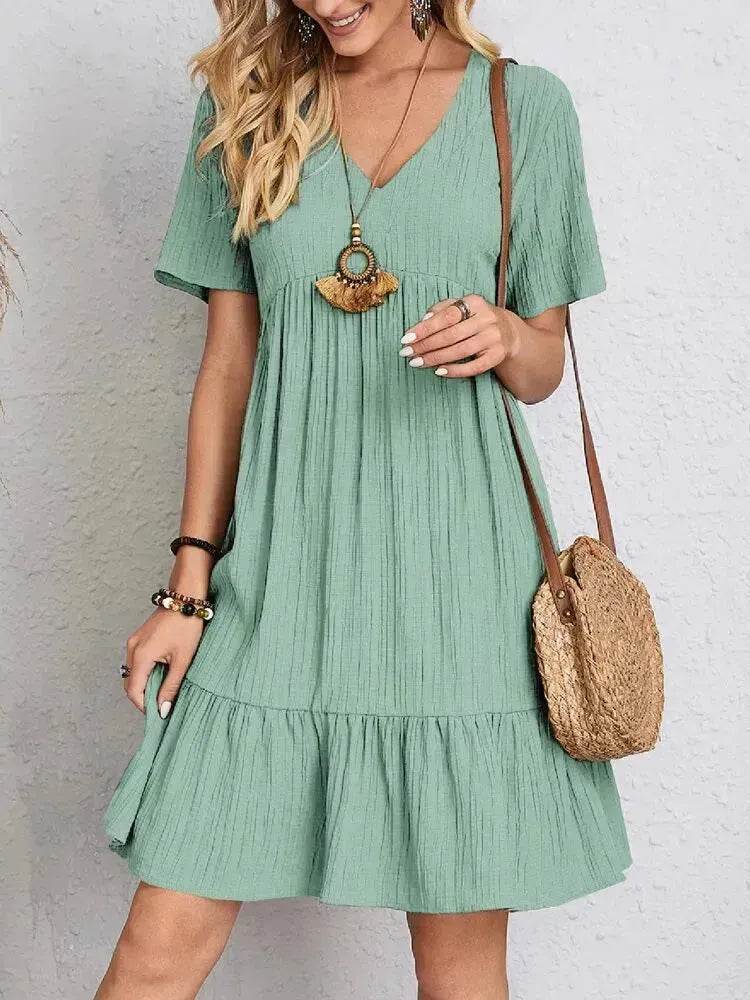 Summer Beach V-neck Dresses Women's Loose Casual Short-sleeved Loose Skater Dress for Chic Ladies - EX-STOCK Canada
