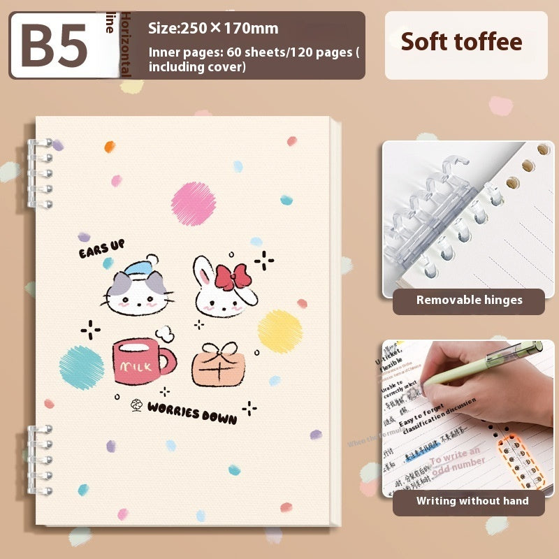 Notebook with cartoon designs on a beige background, featuring text about size, pages, and features.