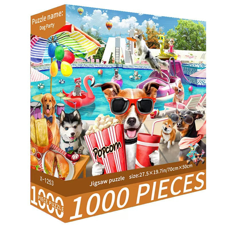 Jigsaw puzzle box with a dog-themed design featuring a pool party scene.