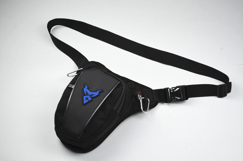 Black waist bag with a blue logo on a white background