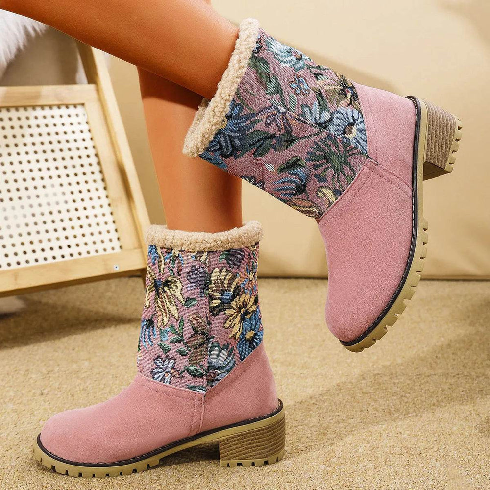 Flowers Embroidered Snow Boots Ethnic Style Platform Thick Square Heel Mid-tube Boot Winter Warm Cotton Shoes For Women - EX-STOCK Canada