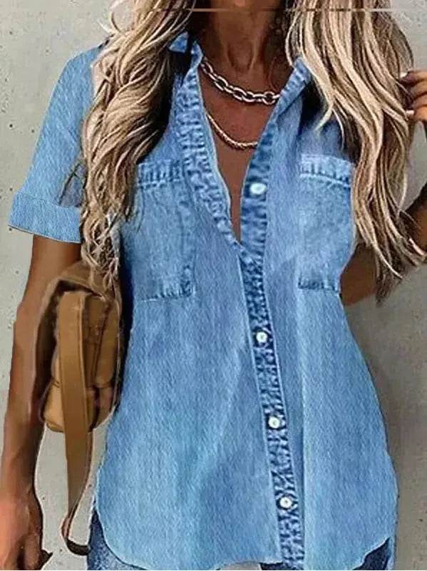 Best Women Loose Denim-like Printed Short-sleeved Shirt Jeans Denim Shirt dress Denim Top dress - EX-STOCK Canada