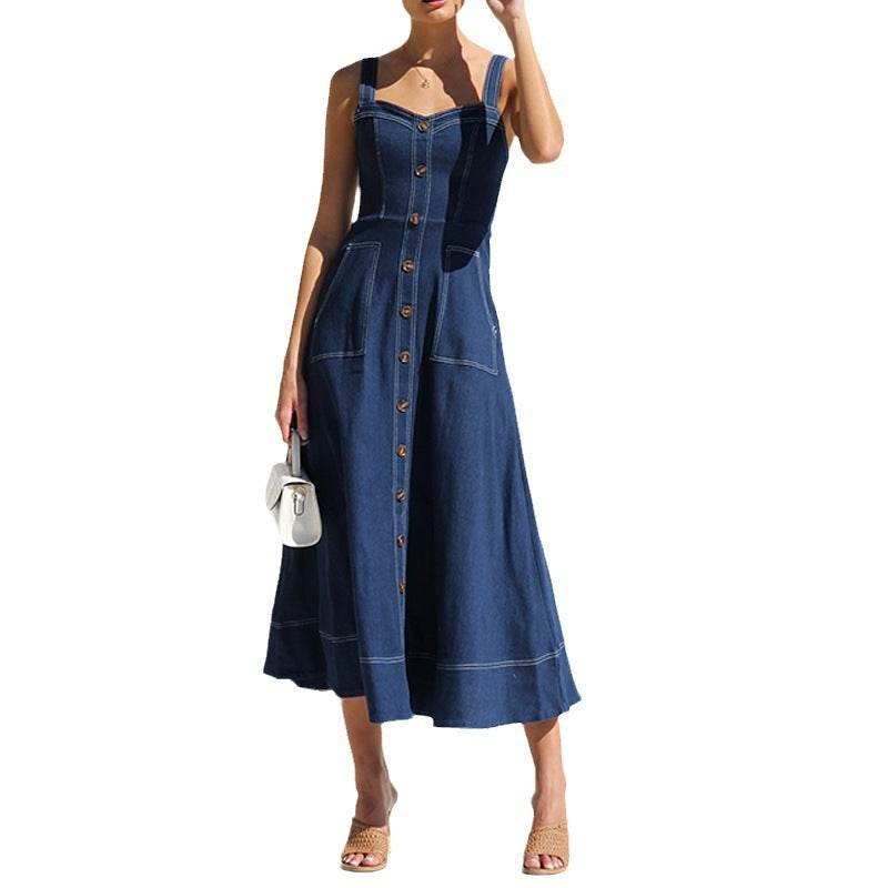 Women Sleeveless Sling Distressed Casual Style Button Denim Long Dress - EX-STOCK Canada