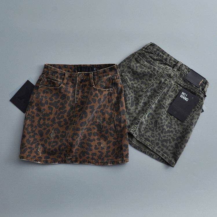 Leopard Print Mini Denim Skirt Women's High Waist Pencil Skirt - EX-STOCK Canada