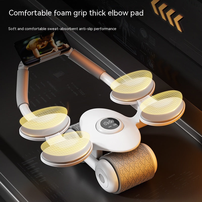 A white and beige ergonomic wrist/forearm support device with four curved padded sections and a textured cylindrical roller, shown on a dark background with promotional text and a phone mounted on the arm.