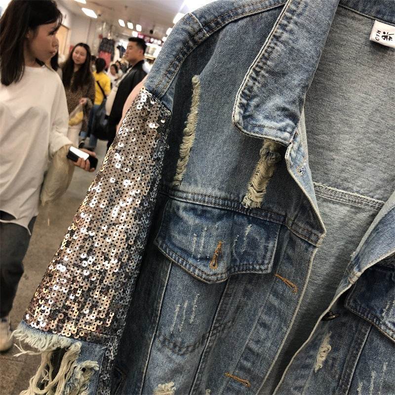 Street Fashion Heavy Industry lose Ripped Sequined Sleeve Denim Jacket Women - EX-STOCK Canada