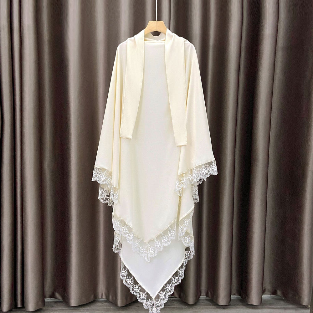 عباية بألوان صلبة بتصميم أغلفة باوتوو مع وشاح رأس من الدانتيل - EX-STOCK Canada