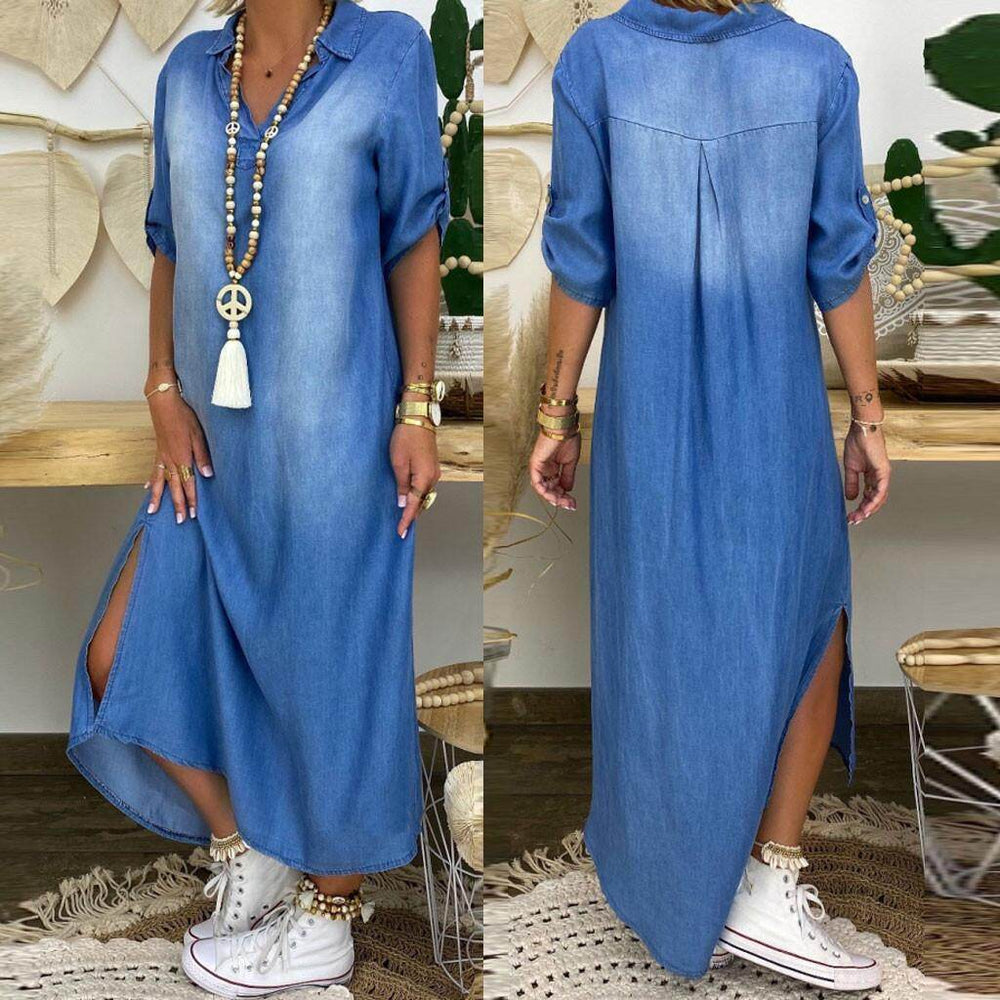 New washed denim dress Side Split Loose Mum Long Jeans Dress - EX-STOCK Canada