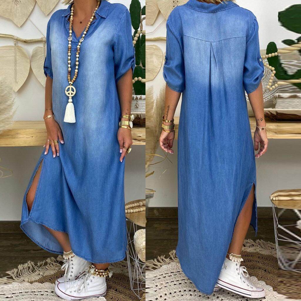 New washed denim dress Side Split Loose Mum Long Jeans Dress - EX-STOCK Canada