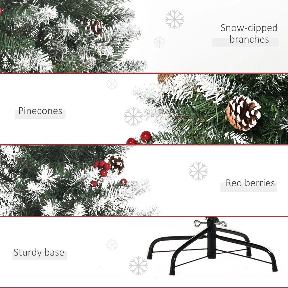 5ft Decorated Christmas Tree With Red Berries And Pine Cones, Flocked Christmas Tree With Pencil Shape, Green EX-STOCK Canada