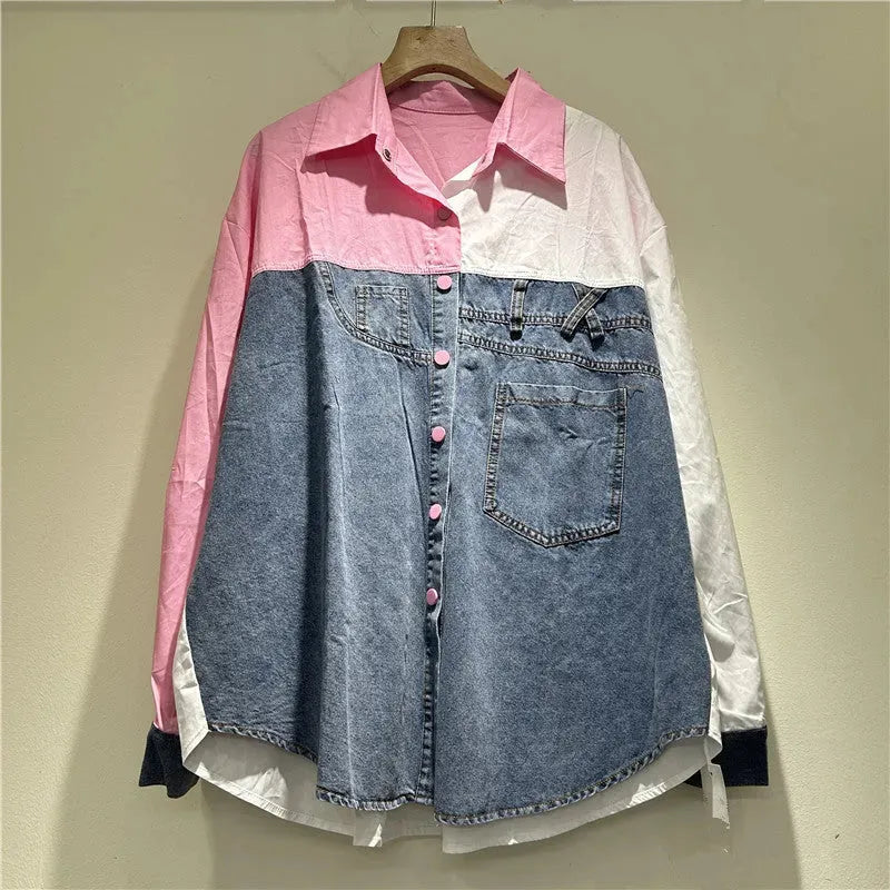 High-grade Contrast Color Patchwork Cotton Denim Long Sleeve Loose Shirt Women - EX-STOCK Canada