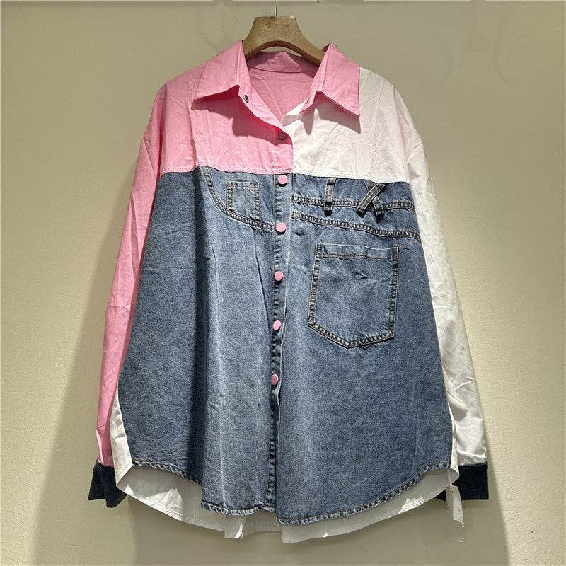 High-grade Contrast Color Patchwork Cotton Denim Long Sleeve Loose Shirt Women - EX-STOCK Canada