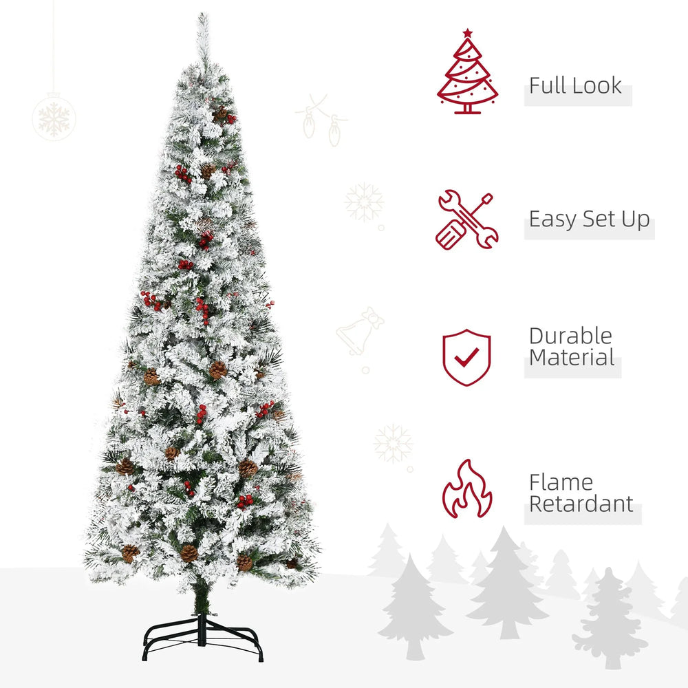 6 Foot Pencil Snow Flocked Artificial Christmas Tree With 600 Pine Realistic Branches, Pine Cones, Red Berries, Auto Open, Green EX-STOCK Canada