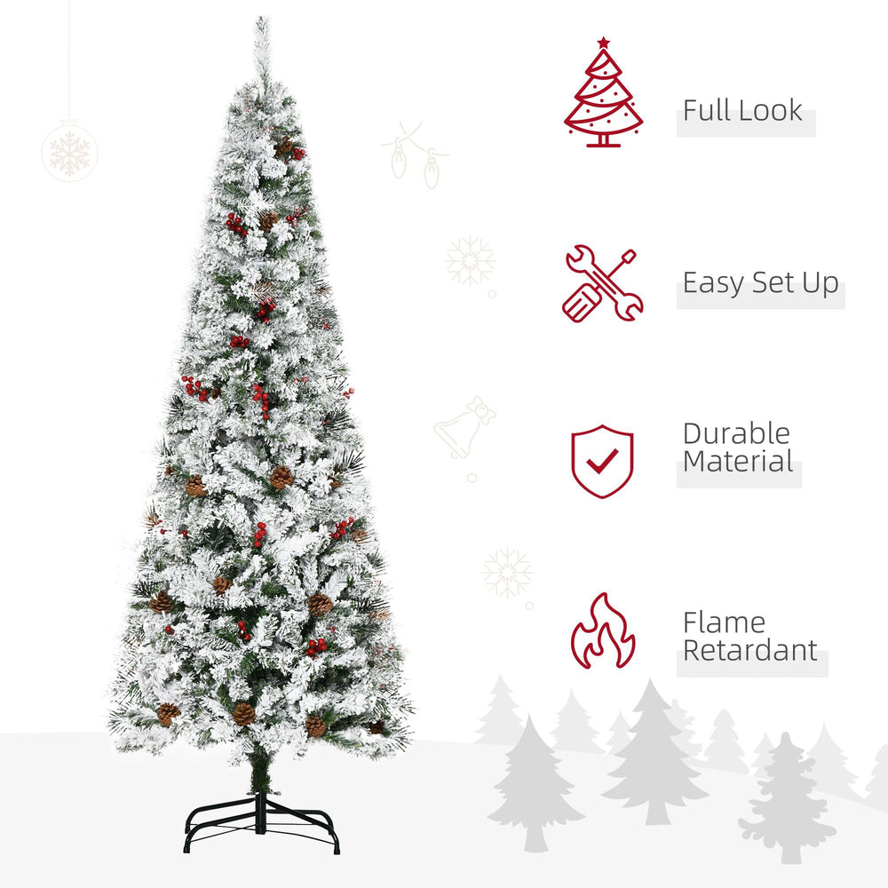 6 Foot Pencil Snow Flocked Artificial Christmas Tree With 600 Pine Realistic Branches, Pine Cones, Red Berries, Auto Open, Green EX-STOCK Canada