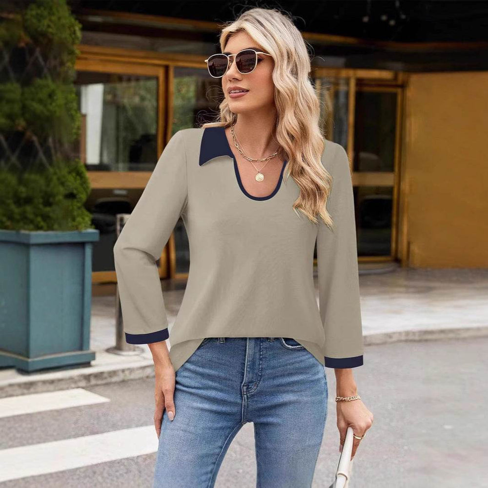 Casual Color Matching Lapel Long Sleeve Blouse Top Women - EX-STOCK Canada