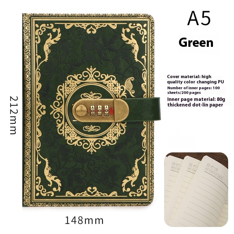 Green notebook with gold accents and a combination lock, showing dimensions and inner pages.