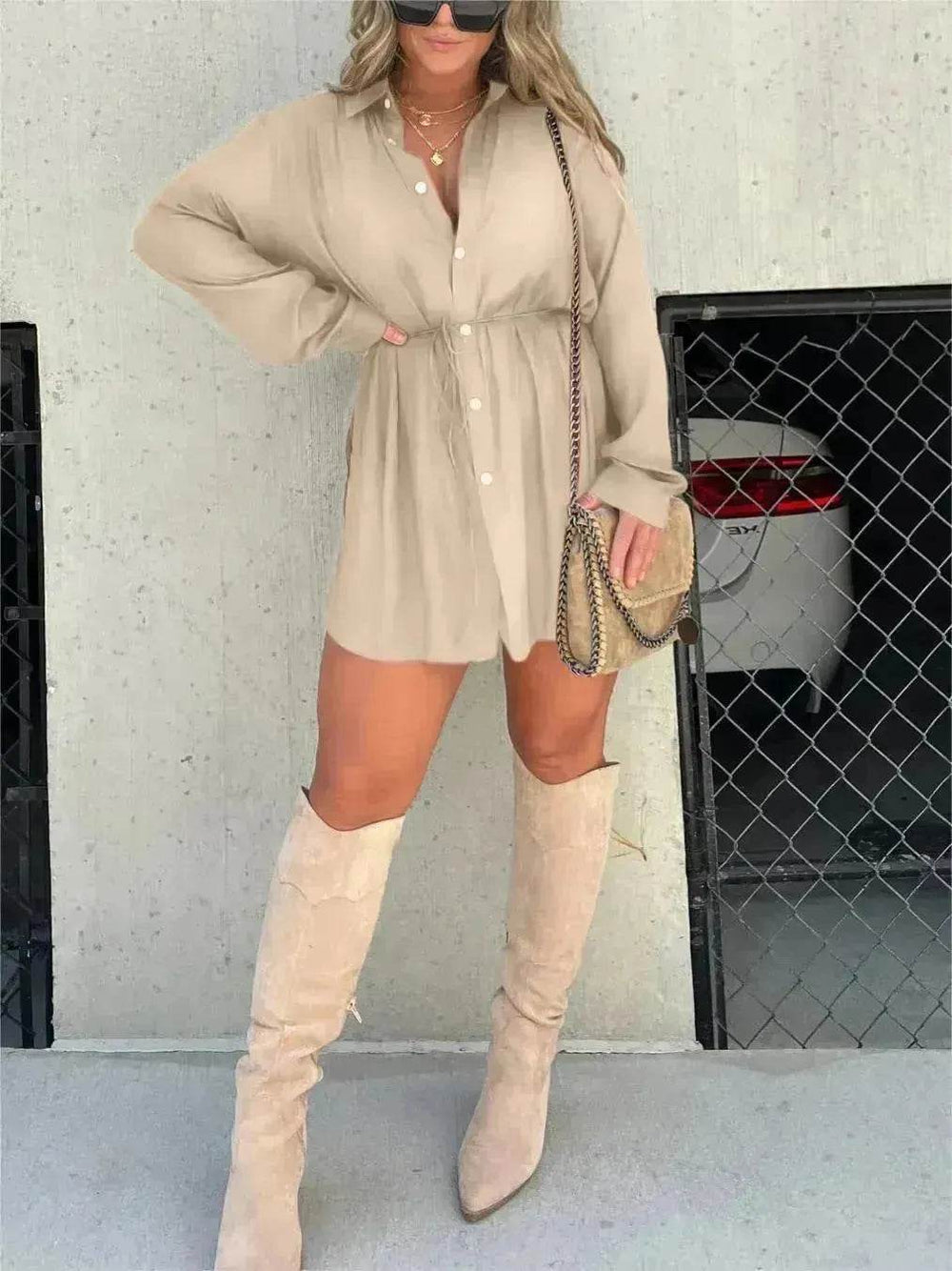 Elegant Women's Long Sleeve Button down Shirt Dress Fashionable Short Outfit Set Two piece Suit Set - EX-STOCK Canada
