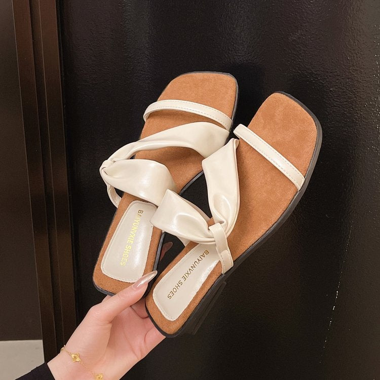 2025 Summer New French Style Low Heel Slippers For Women, Fairy Style Outdoor Fashion Slides, Elegant Match-Dress Sandals In Black, Silver, Beige