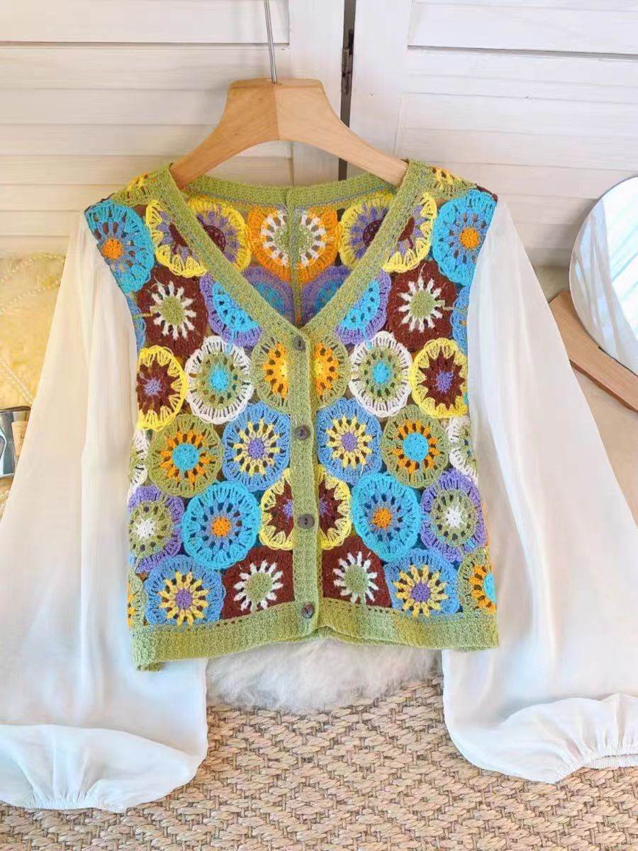 Summer Vacation Style Crocheted Hollow Design Knitted Chiffon Patchwork Long Sleeve Retro Slimming V-neck blouse top For Women - EX-STOCK Canada
