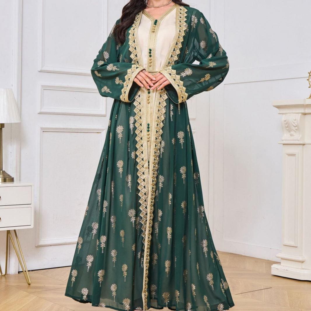 Women's Arabic Embroidered Cardigan Vest Two-piece Set Dress - EX-STOCK Canada