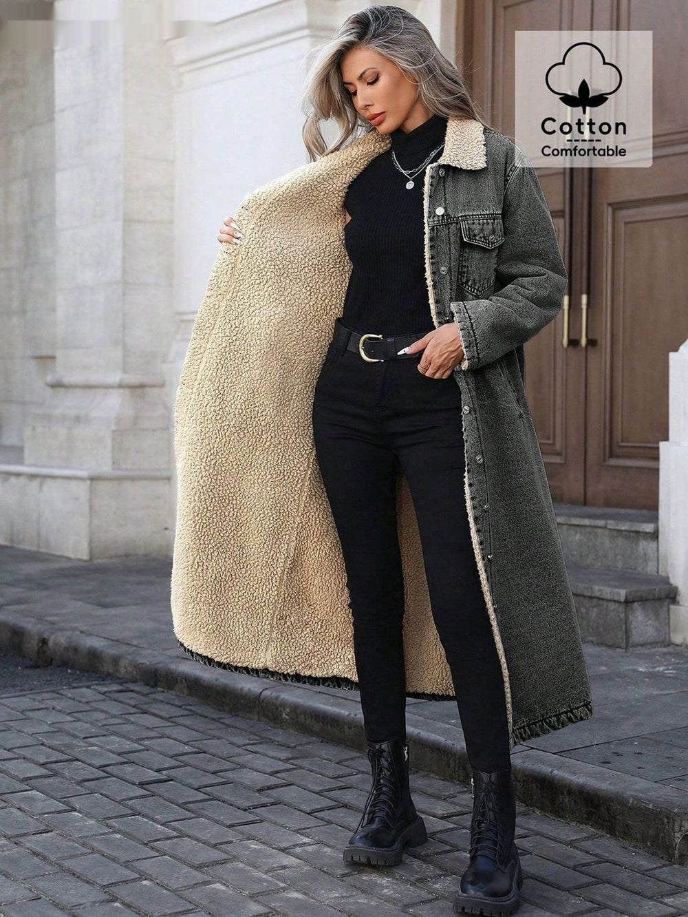 Veste en jean en coton pour femmes, ample et longue, doublée de polaire - EX-STOCK Canada