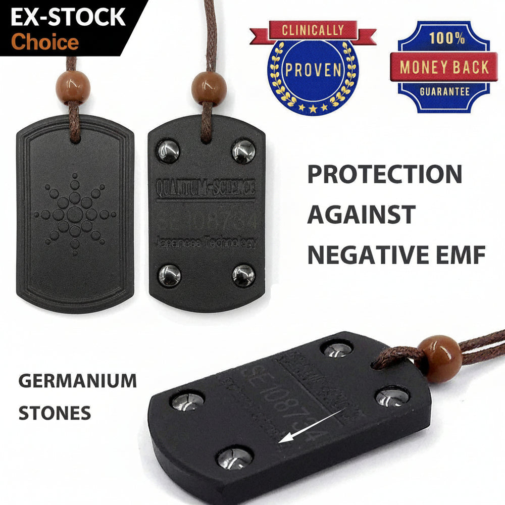 Black EMF protection pendant with Germanium stones on a white background, featuring 'EX-STOCK Choice' label.