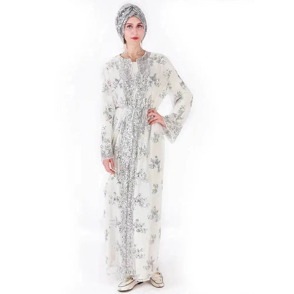 White Chiffon Sequin Embroidery Dubai Abaya Kimono Middle East ArabClothing - EX-STOCK Canada