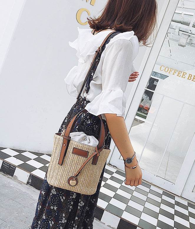 new summer women's bag hand-woven contrast color bucket straw bag cylinder handbag diagonal shoulder beach bag EX-STOCK Canada